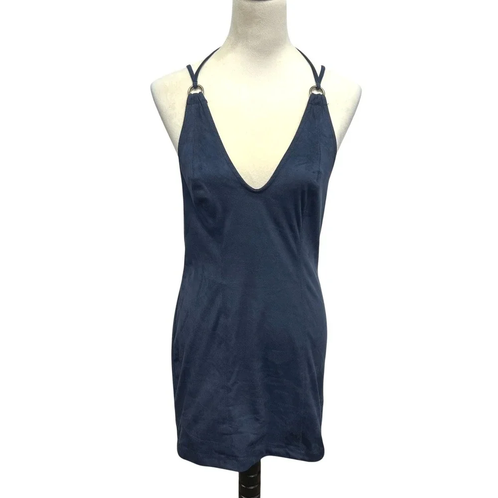 Free People Faux Suede‎ Navy Blue Bodycon Mini Dress S Strappy Y2K Sexy